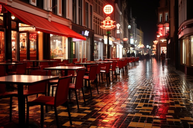 Des tables et des chaises sur le trottoir.