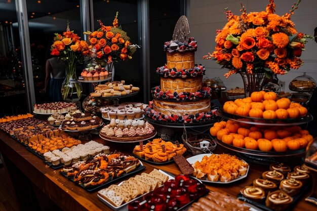 Des tables de dessert avec un beau grand gâteau et diverses pâtisseries