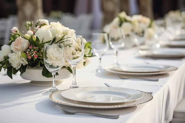 Tables disposées avec des assiettes blanches et des fleurs pour une fête ou une réception de mariage