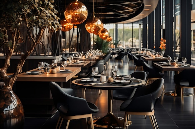 Tables dressées dans un restaurant haut de gamme avec une atmosphère moderne IA