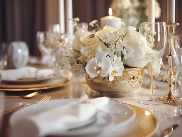 Tables dressées pour un événement, une fête ou une réception de mariage, table élégante de luxe avec IA générative