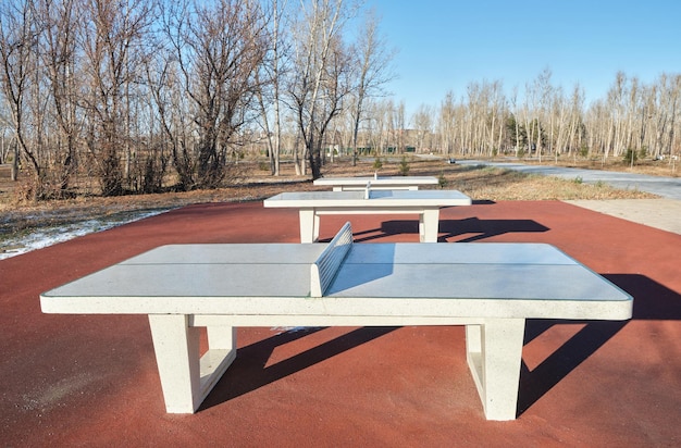 Tables de ping-pong dans le parc public d'automne.