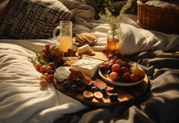 tables de piquenique et panier de piquinique avec aliments, boissons et paille