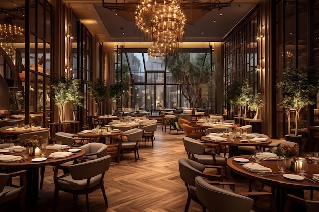 Des tables prêtes dans un grand restaurant de luxe avec une ambiance moderne pour un dîner élégant AI