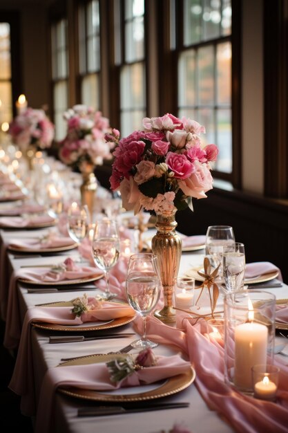 Tables de réception élégantes décorées d'accents roses et dorés
