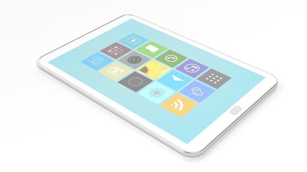 Tablette avec applications carrées isolées sur fond blanc