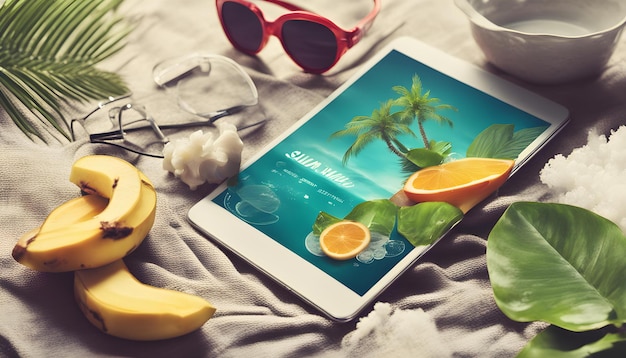 une tablette avec une banane et une orange dessus