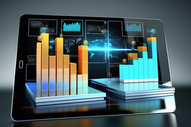 Tablette avec barres graphiques sur fond gris créées à l'aide de la technologie générative ai