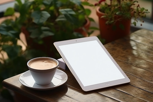 Tablette blanche avec écran vide et une tasse de café sur une table en bois