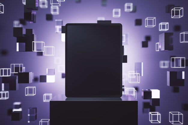 Tablette blanche vide sur fond de cubes numériques créatifs avec piédestal et maquette de lieu 3D Rendering