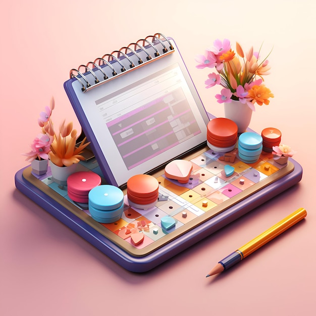 Une tablette avec un bloc-notes et un vase à fleurs sur fond rose.