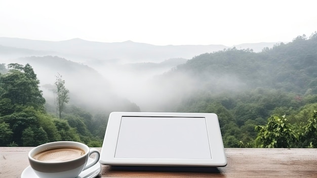 de Tablette et café sur un point de vue sur la montagne travail à distance santé mentale