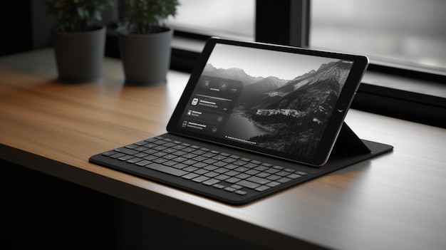 une tablette et un clavier assis à côté