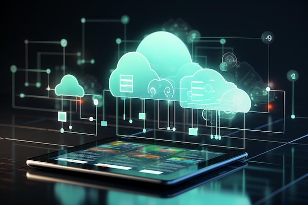 Tablette avec diagramme d'informatique en nuage