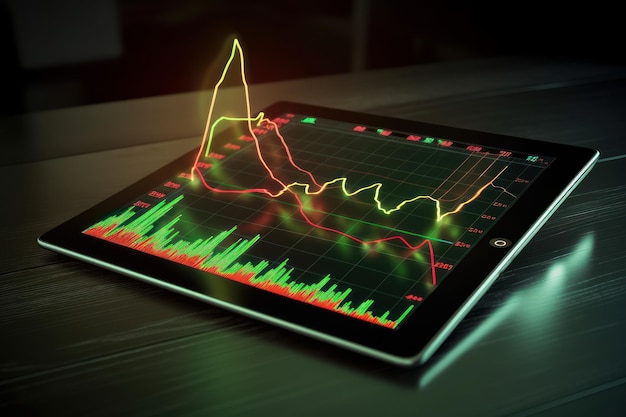 Tablette avec graphique d'augmentation et de chute financière Graphiques 3D verts et rouges des prix des marchés boursiers financiers, de l'énergie, du développement des entreprises et de la technologie Résultats et prévisions d'analyse financière Modèle