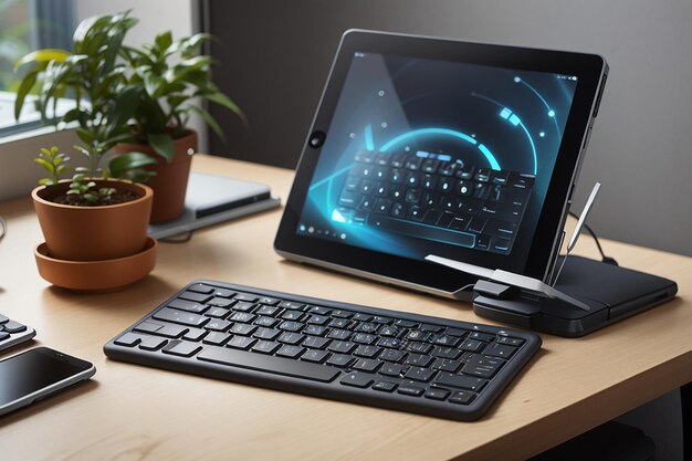 Tablette moderne près du clavier