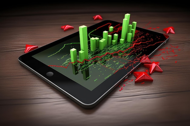 Tablette avec montée et chute financière graphique vert et rouge d graphiques de l'énergie du marché boursier financier pr