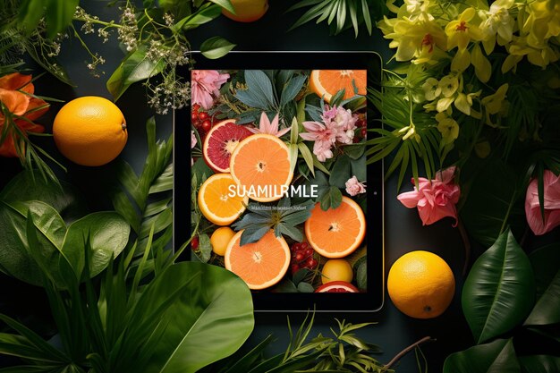 Une tablette avec un mot d'été parmi les feuilles des plantes près des fleurs et des fruits