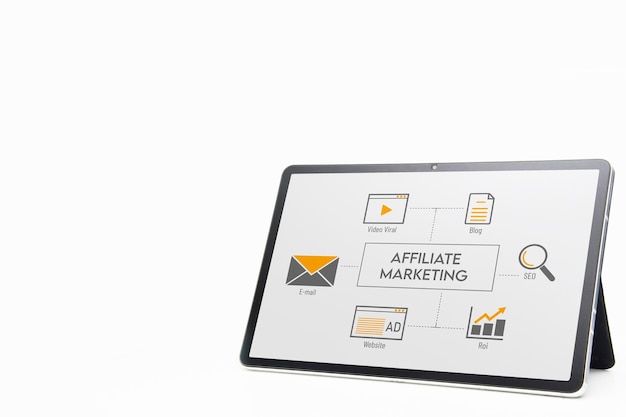 Une tablette avec le mot marketing d'affiliation dessus