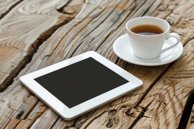 Photo tablette numérique et café sur bureau en bois espace de travail ou de pause