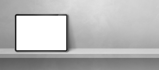 Tablette numérique sur étagère murale grise Bannière de fond horizontale Illustration 3D