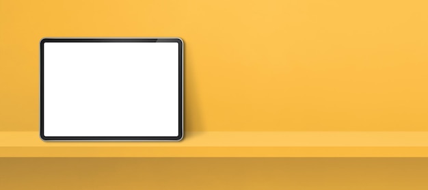 Tablette numérique sur étagère murale jaune bannière de fond