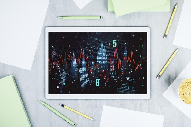 Tablette numérique avec graphique financier abstrait finance et concept commercial Vue de dessus Rendu 3D