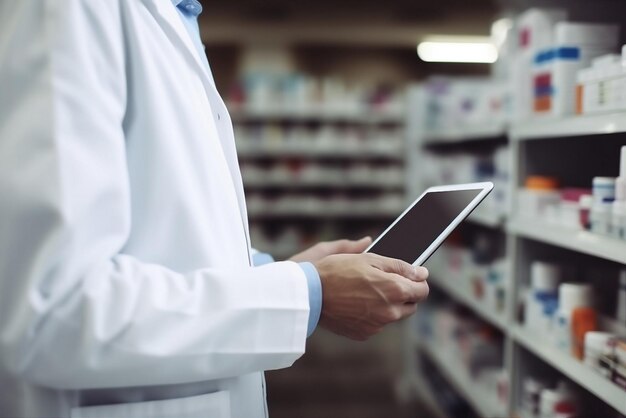 tablette numérique à main du pharmacien en pharmacie