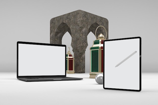 Tablette et ordinateur portable Ramadan en fond blanc