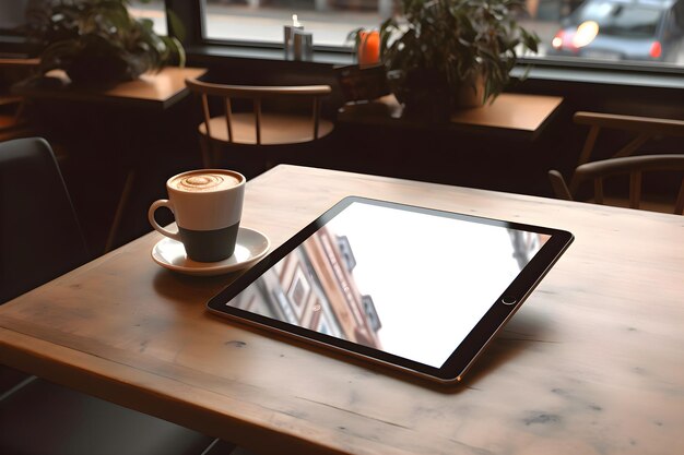 Photo tablette pc avec écran vierge et tasse de café sur table en bois dans un café