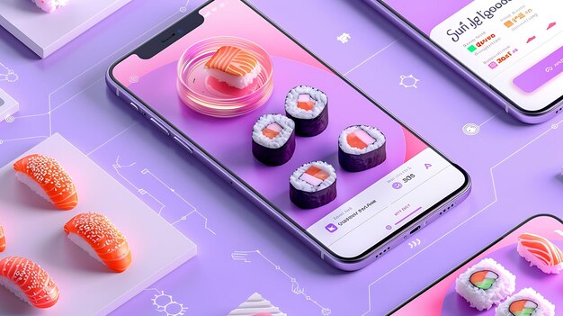 une tablette pourpre avec une surface rose qui dit sushi sur elle