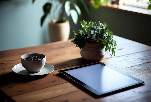 Une tablette sur une table avec une tasse de café et une plante dessus