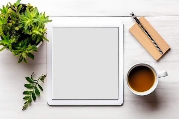 Une tablette avec une tasse de café et une plante sur une table en bois