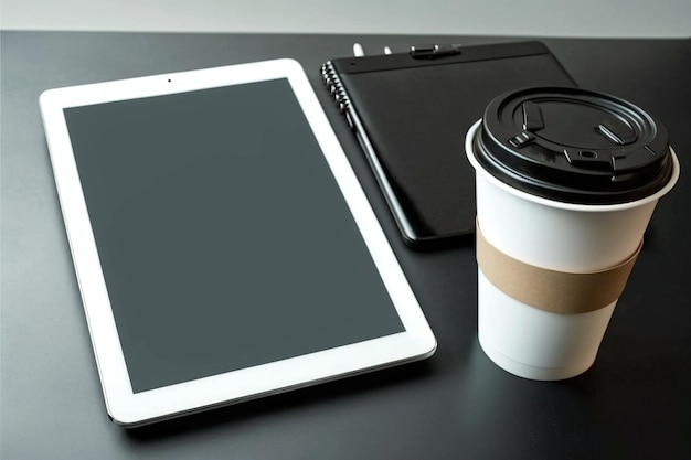 Une tablette et une tasse de café sont sur une table.