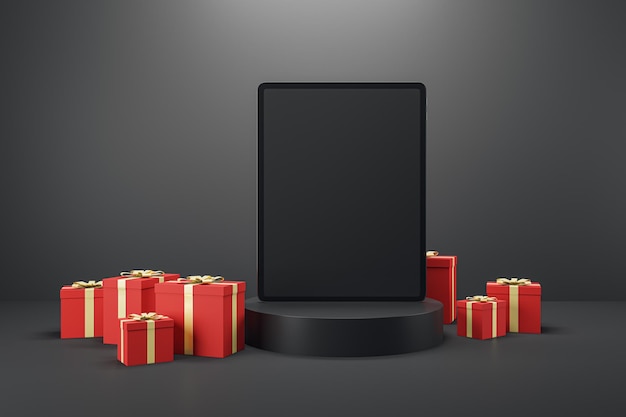 Tablette vide sur piédestal créatif entouré de boîtes de cadeau de Noël rouges sur fond clair avec maquette place Achat de cadeau de célébration de vacances et concept de design commercial Rendu 3D