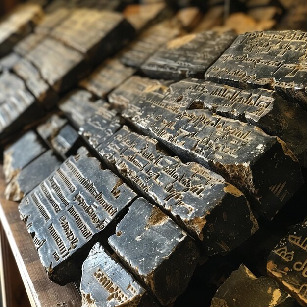 Photo des tablettes cunéiformes sumériennes préservant la plus ancienne des histoires l'écriture est floue dans l'argile