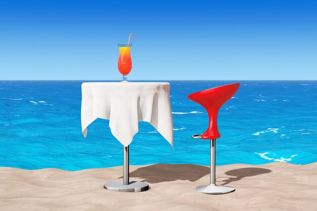Tabouret de bar moderne près de la table avec un cocktail tropical rouge sur le gros plan extrême de la plage ensoleillée de sable. Rendu 3D