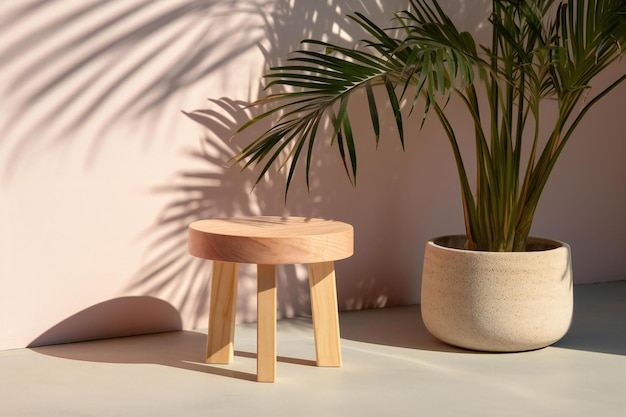 Un tabouret en bois sur une table blanche avec des feuilles de palmier à l'ombre sur le mur