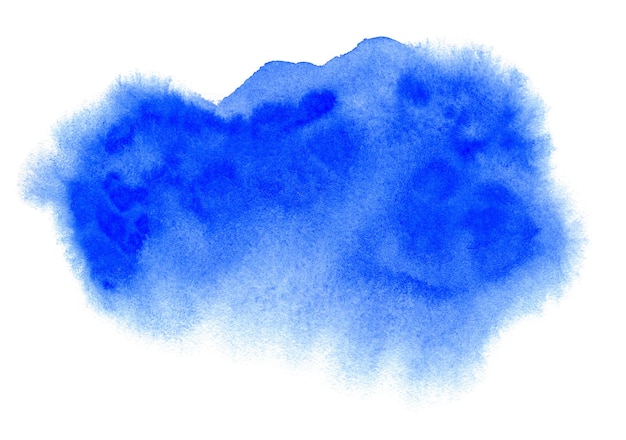 Tache dessinée à la main à l'aquarelle bleue sur la texture du grain du papier blanc.