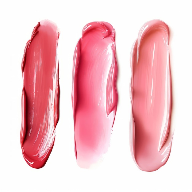 Tache de rouge à lèvres rose Texture du maquillage en crème Vue supérieure des taches de crème sur fond blanc