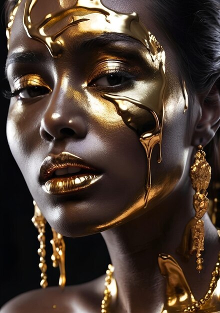 Photo des taches de peinture dorée s'écoulent du visage, des lèvres et des mains. un liquide doré tombe sur une belle mannequin.