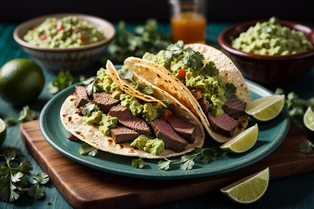 taco de bœuf fraîchement grillé avec guacamole et coriandre