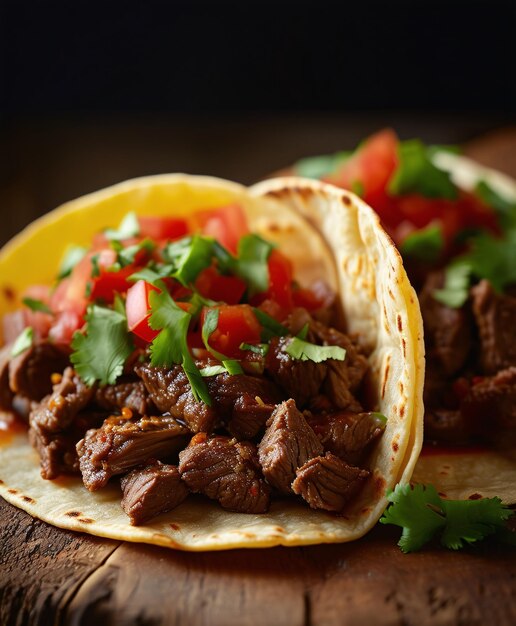 taco de bœuf frais sur une table en bois avec de la sauce Cinco de Mayo