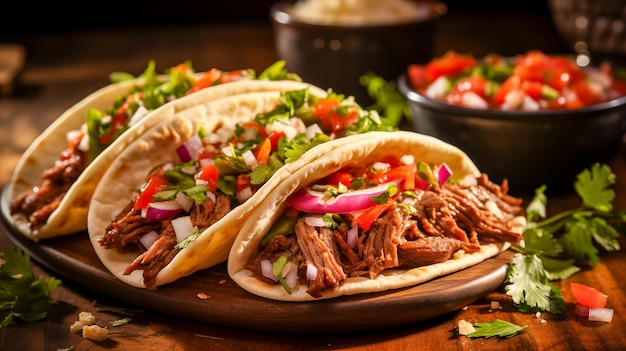 Photo un taco de bœuf frais sur une table en bois avec de la sauce