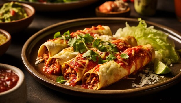 Photo taco de bœuf grillé avec tomate guacamole fraîche et coriandre générés par l'intelligence artificielle