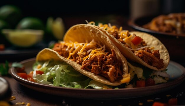 Taco de bœuf grillé avec tomate guacamole et fraîcheur de coriandre générée par l'IA