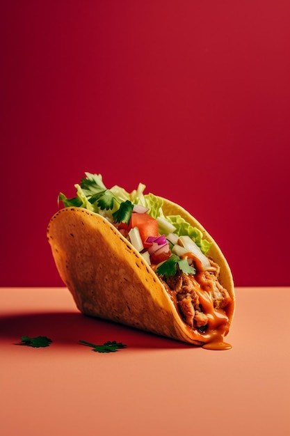 Un taco avec un fond rouge et une feuille verte dessus.