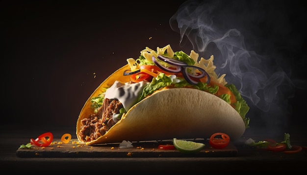 Taco super délicieux avec de la moutarde et des légumes sur fond sombre AI générative