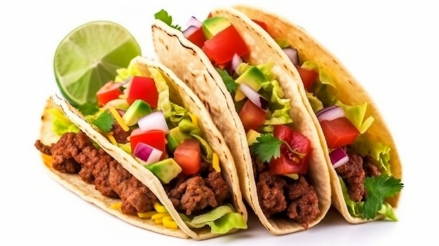 Un taco avec des tacos de boeuf sur fond blanc