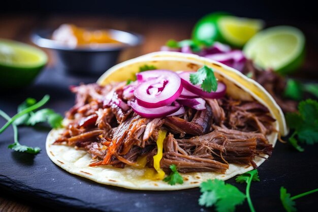 Tacos au barbecue fumé avec des oignons rouges marinés